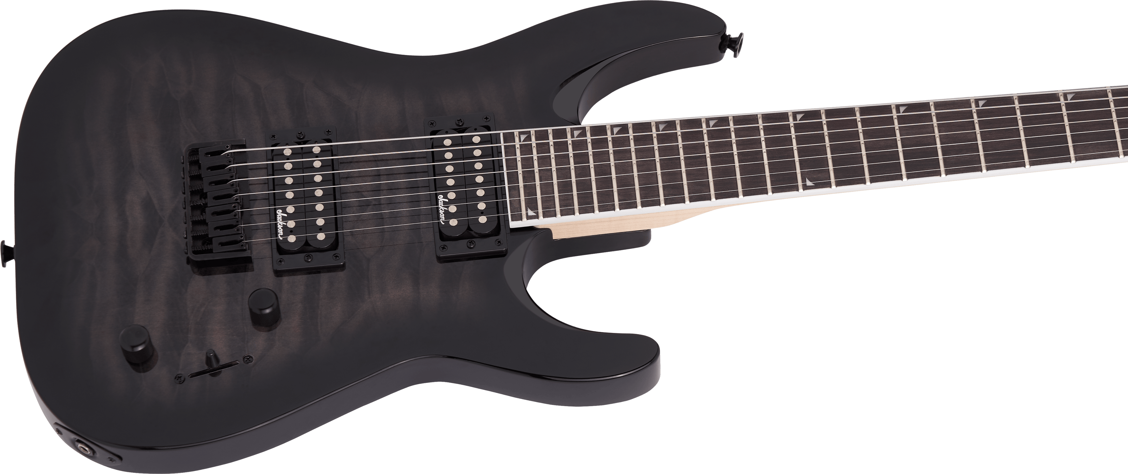 Jackson JS22-7 Dinky arch top 7-string electric guitar in transparent black burst with sleek design and black hardware.