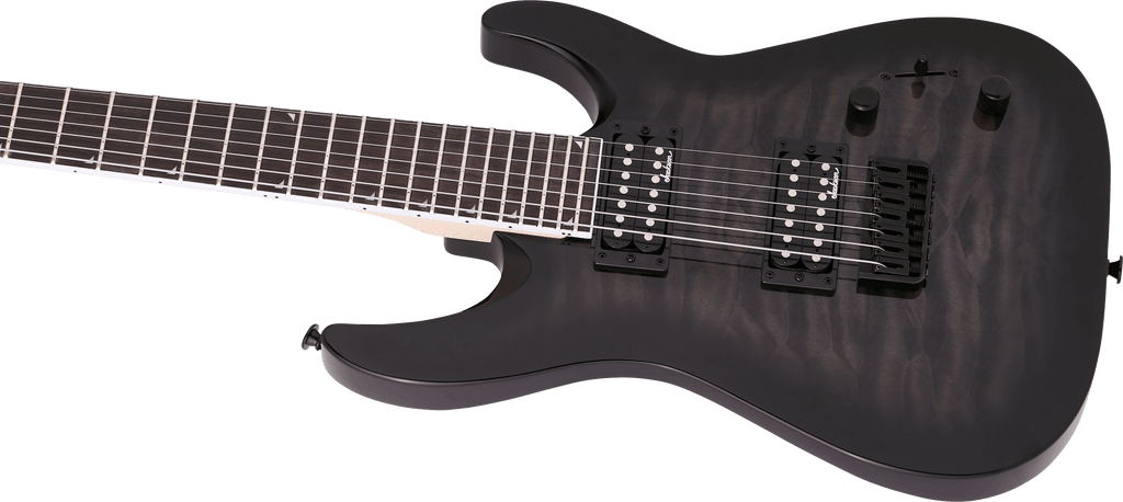 Jackson JS22-7 Dinky arch top 7-string electric guitar in transparent black burst with sleek body and six string pickups.