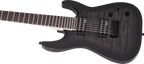 Jackson JS22-7 Dinky arch top 7-string electric guitar in transparent black burst with sleek body and six string pickups.