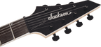 Jackson JS22-7 Dinky arch-top 7-string electric guitar in transparent black burst with a sleek body and six-string headstock.