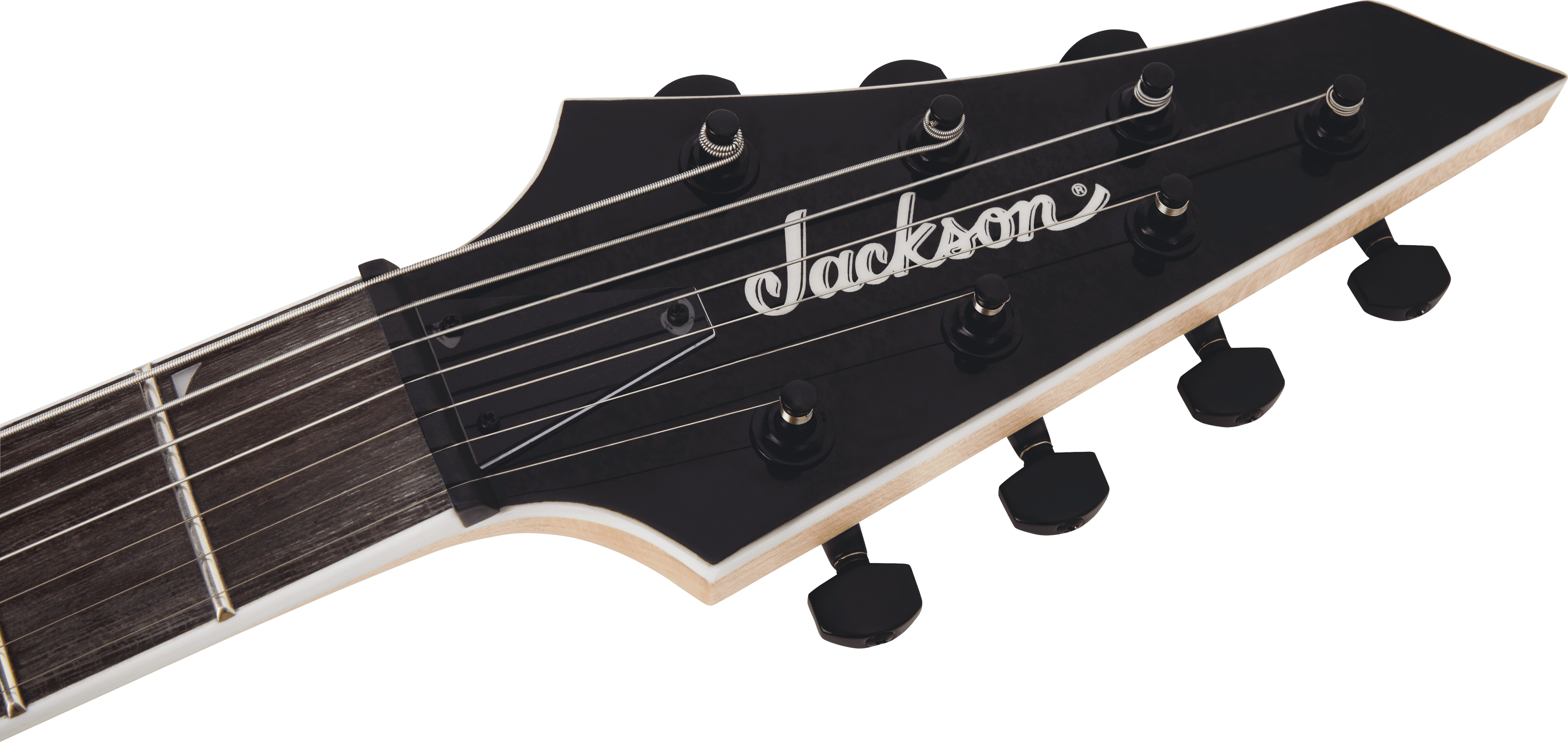 Jackson JS22-7 Dinky arch-top 7-string electric guitar in transparent black burst with a sleek body and six-string headstock.