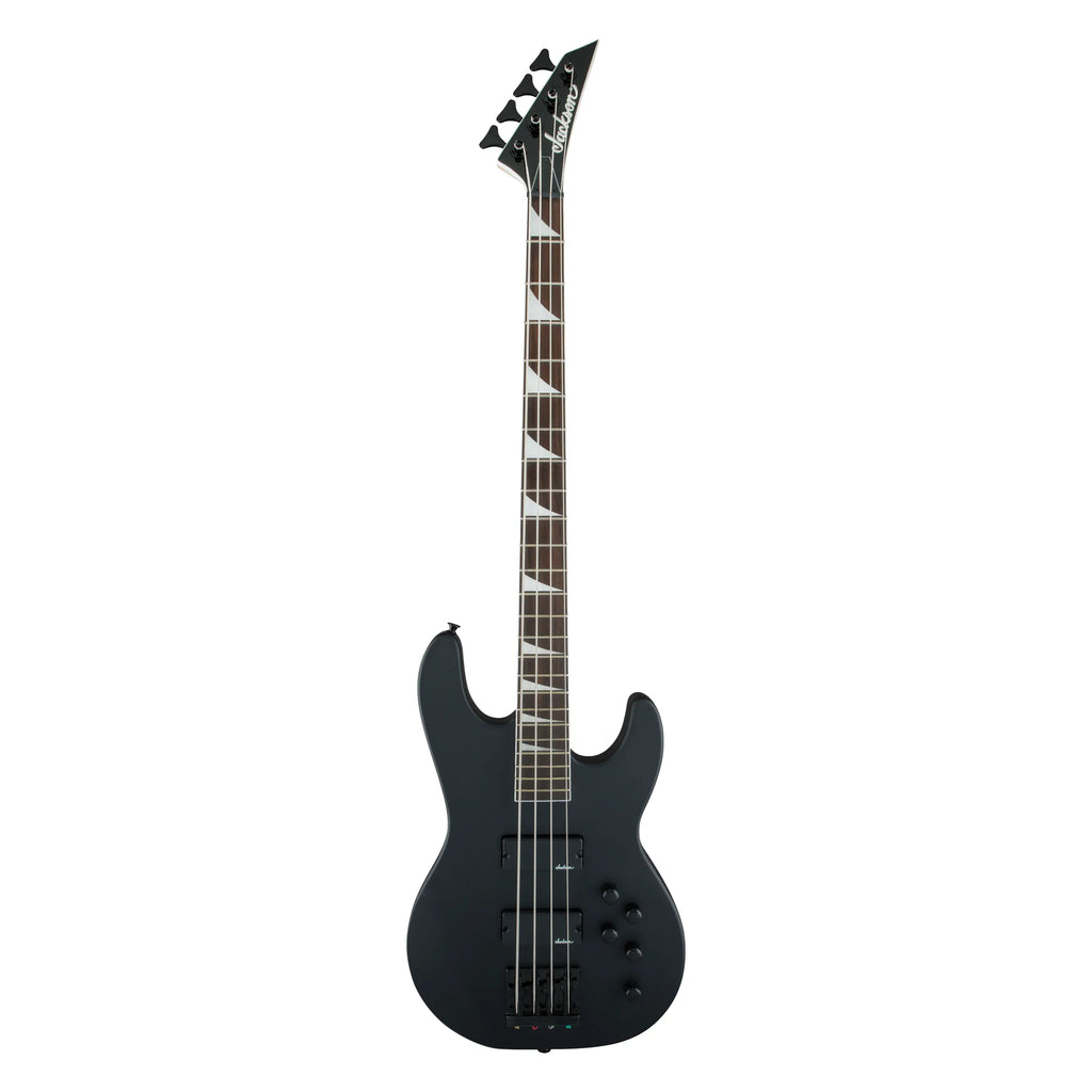 Jackson JS Concert JS3 bass guitar with satin black finish and amaranth fingerboard, showcasing its sleek design and four-string layout.