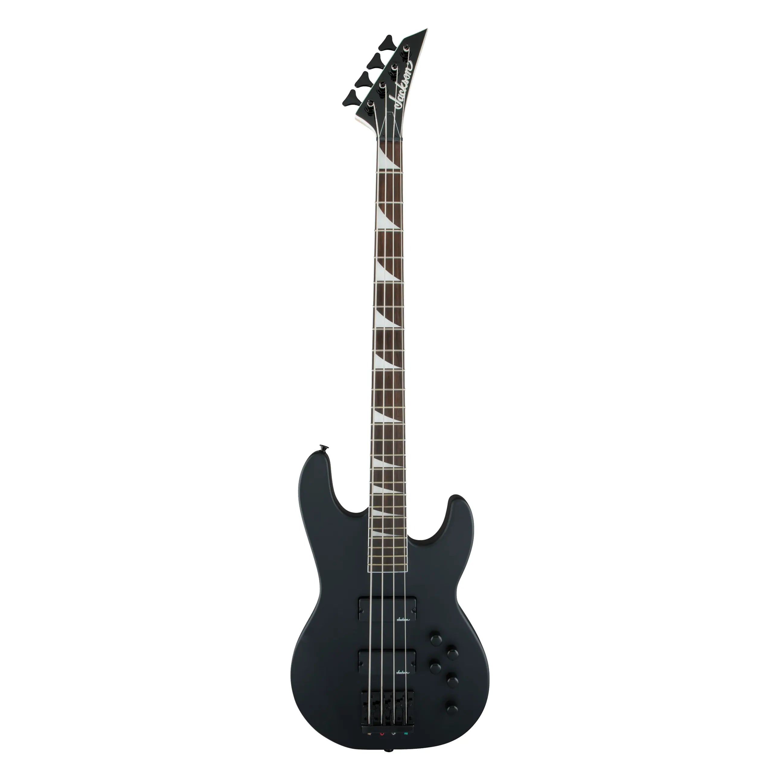 Jackson JS Concert JS3 bass guitar with satin black finish and amaranth fingerboard, showcasing its sleek design and four-string layout.