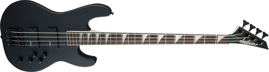 Jackson JS Concert JS3 bass guitar with satin black finish and amaranth fingerboard, showcasing the sleek instrument and hardware.