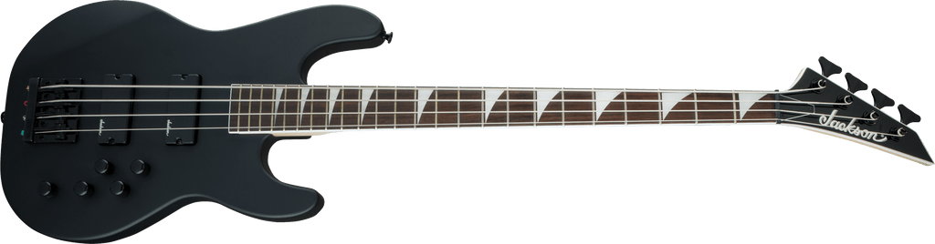 Jackson JS3 Concert Bass Guitar with satin black finish and amaranth fingerboard, showcasing the sleek body and four-string design.