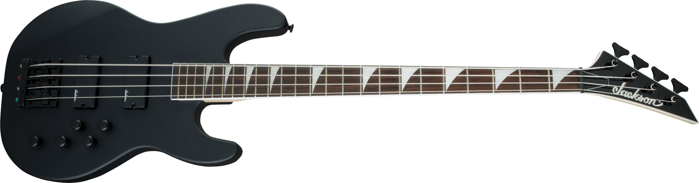 Jackson JS3 Concert Bass Guitar with satin black finish and amaranth fingerboard, showcasing the sleek body and four-string design.
