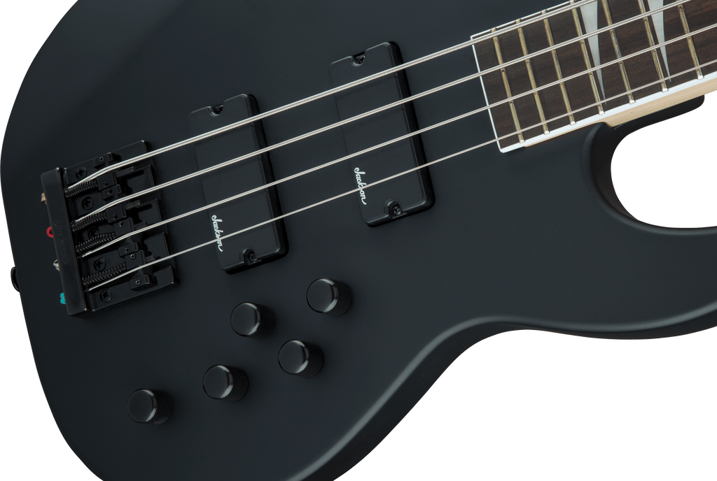 Jackson JS3 Concert Bass Guitar with satin black finish and amaranth fingerboard, showcasing its sleek body and string details.