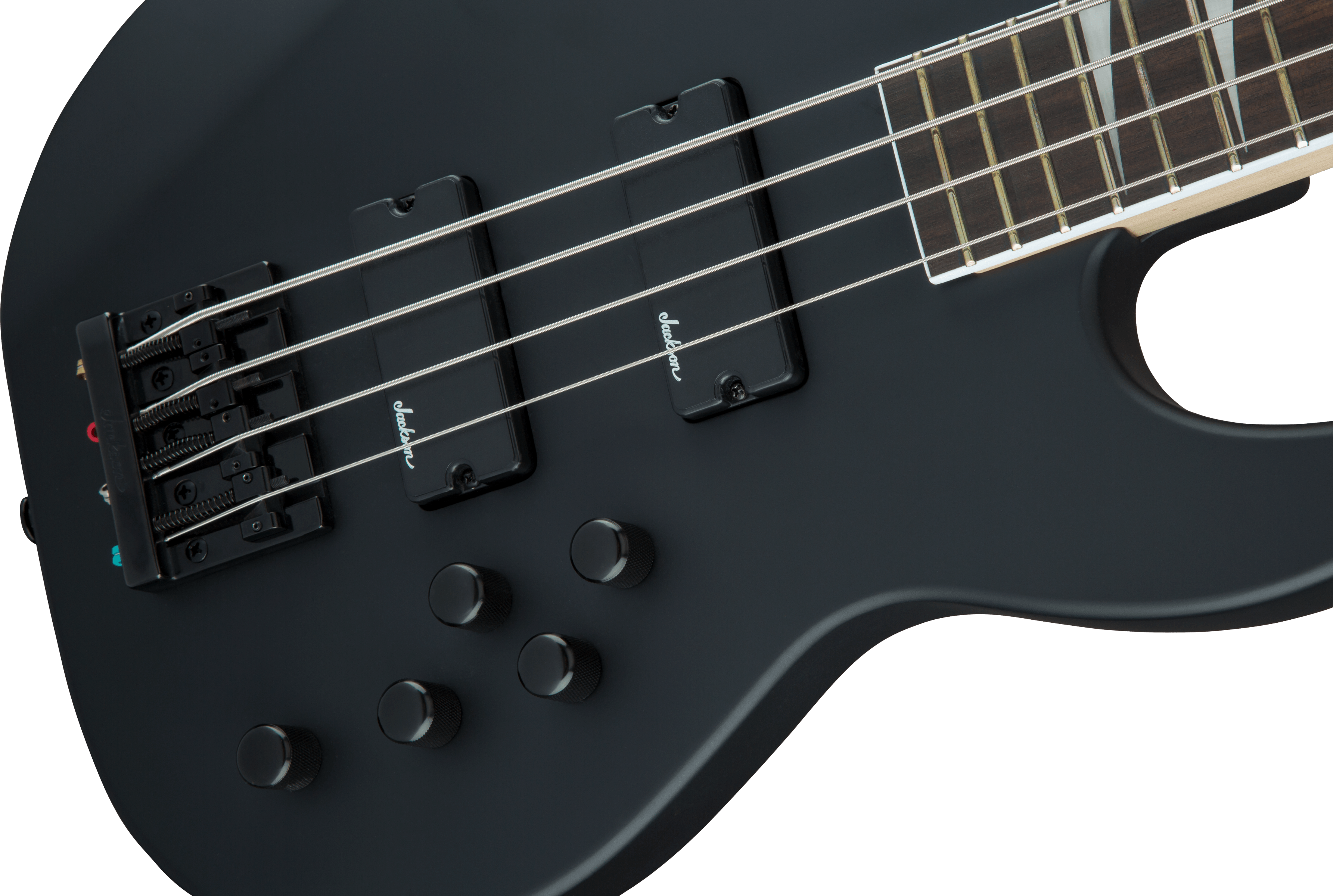 Jackson JS3 Concert Bass Guitar with satin black finish and amaranth fingerboard, showcasing its sleek body and string details.