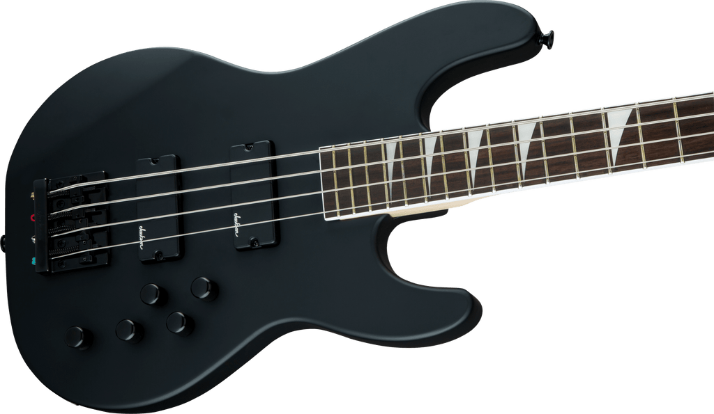 Jackson JS3 Concert Bass Guitar with satin black finish and amaranth fingerboard, showcasing its sleek design and four-string setup.