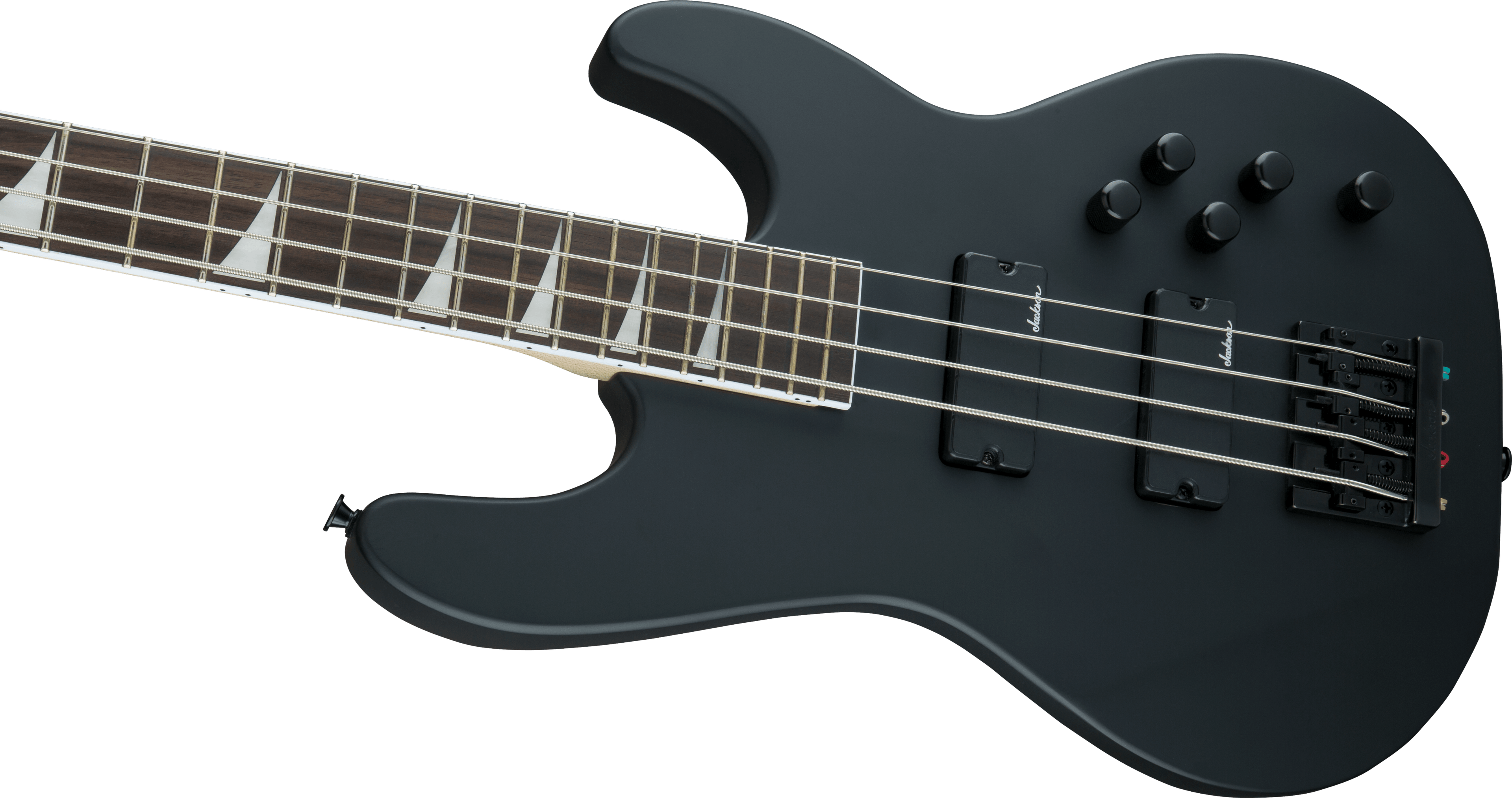 Jackson JS Concert JS3 bass guitar with satin black finish and amaranth fingerboard, showcasing its sleek body and hardware.