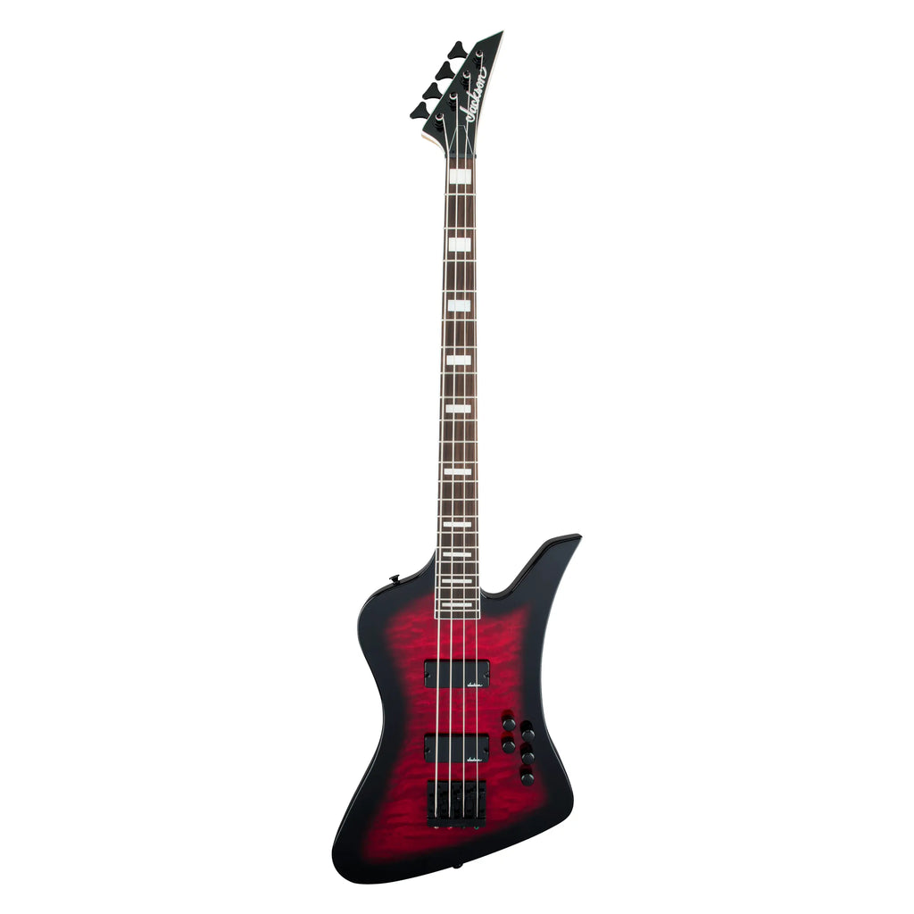 Jackson JS Kelly Bird JS3Q bass guitar with amaranth fingerboard in trans red burst, showcasing its sleek body and stylish design.