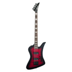Jackson JS Kelly Bird JS3Q bass guitar with amaranth fingerboard in trans red burst, showcasing its sleek body and stylish design.