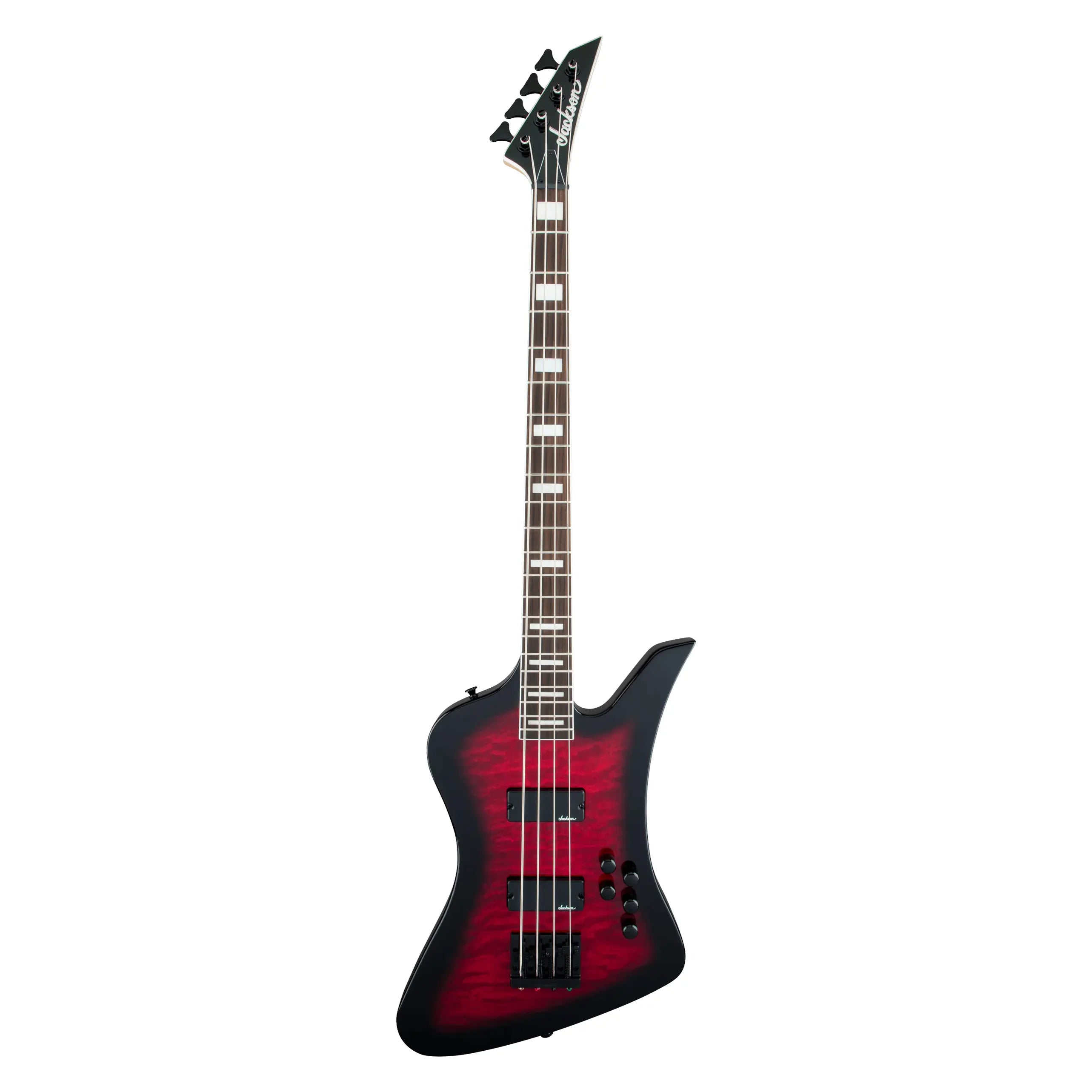 Jackson JS Kelly Bird JS3Q bass guitar with amaranth fingerboard in trans red burst, showcasing its sleek body and stylish design.