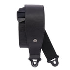 Black D'Addario Comfort Leather Auto Lock Guitar Strap, 3-inch wide, with padded leather for comfortable playing.