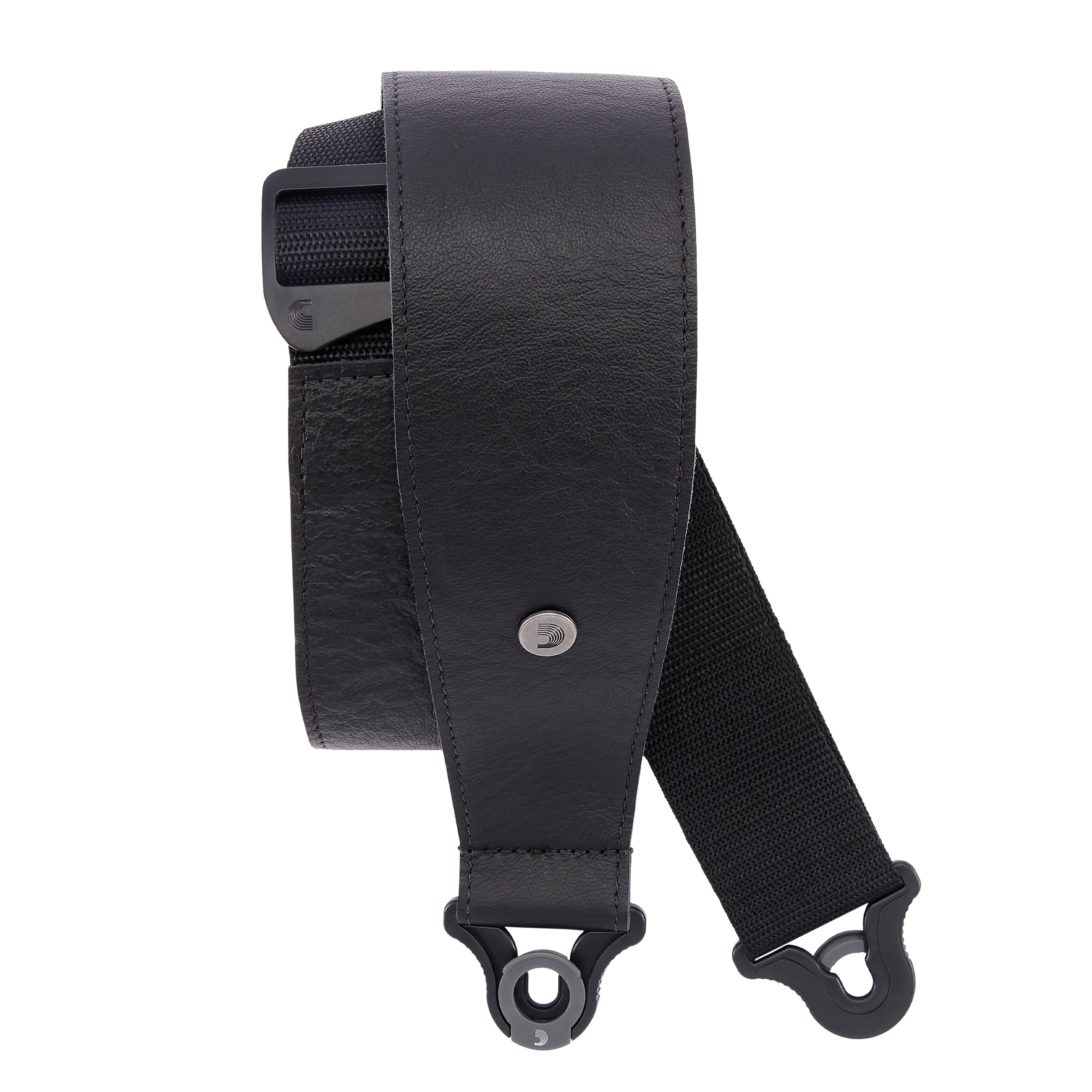 Black D'Addario Comfort Leather Auto Lock Guitar Strap, 3-inch wide, with padded leather for comfortable playing.