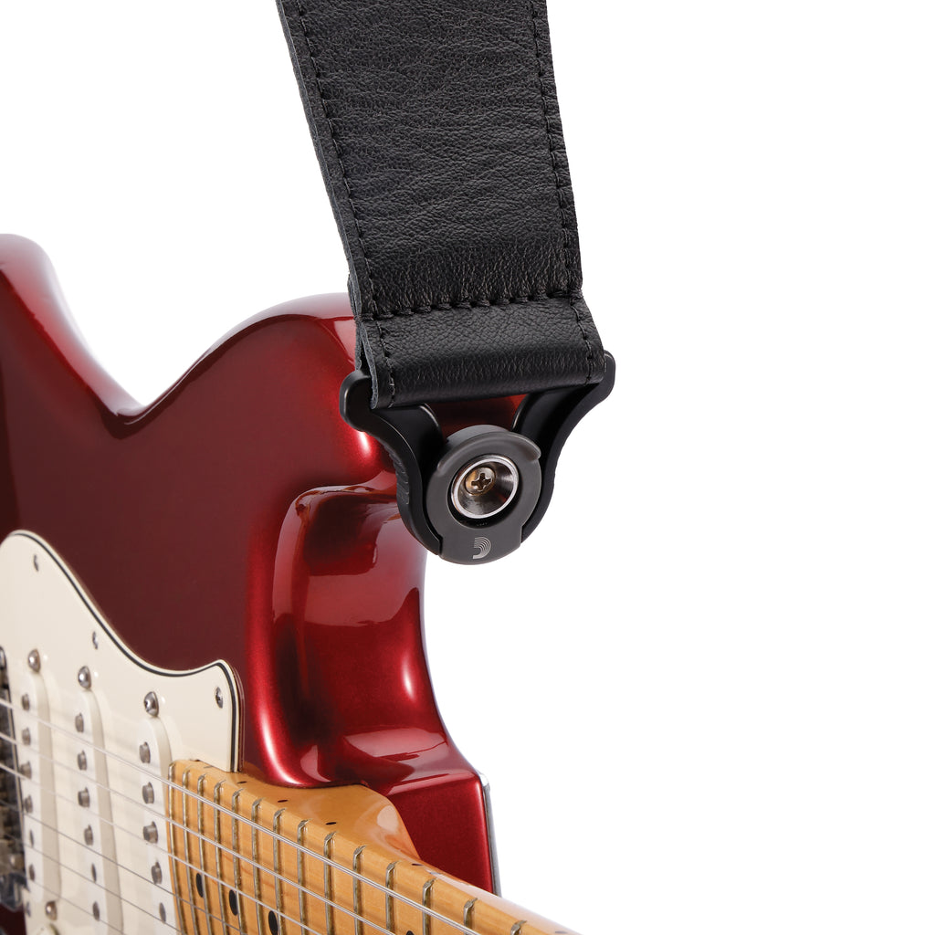 Black D'Addario Comfort Leather Auto Lock guitar strap, 3-inch wide, featuring durable leather and secure locking mechanism.