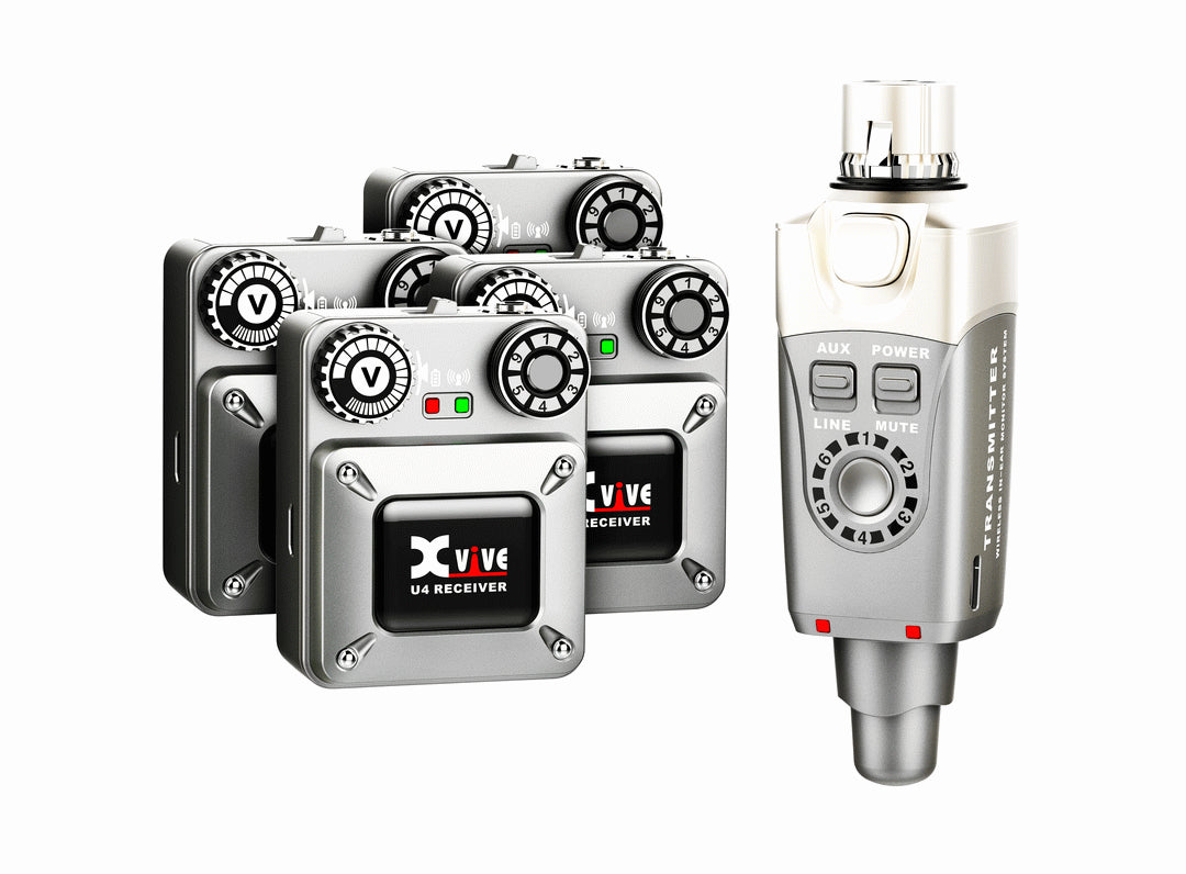 XVIVE U4 In-Ear Monitor Wireless System with four U4R4 microphones, compact wireless microphone setup for live sound and stage use.