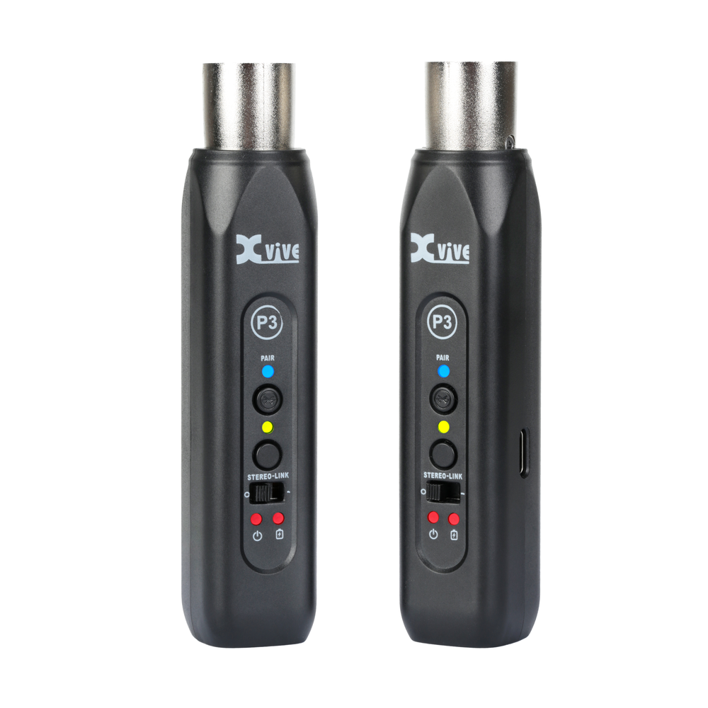 Xvive P3D Dual Bluetooth XLR audio receiver connected to audio equipment, showcasing compact design and dual Bluetooth functionality.