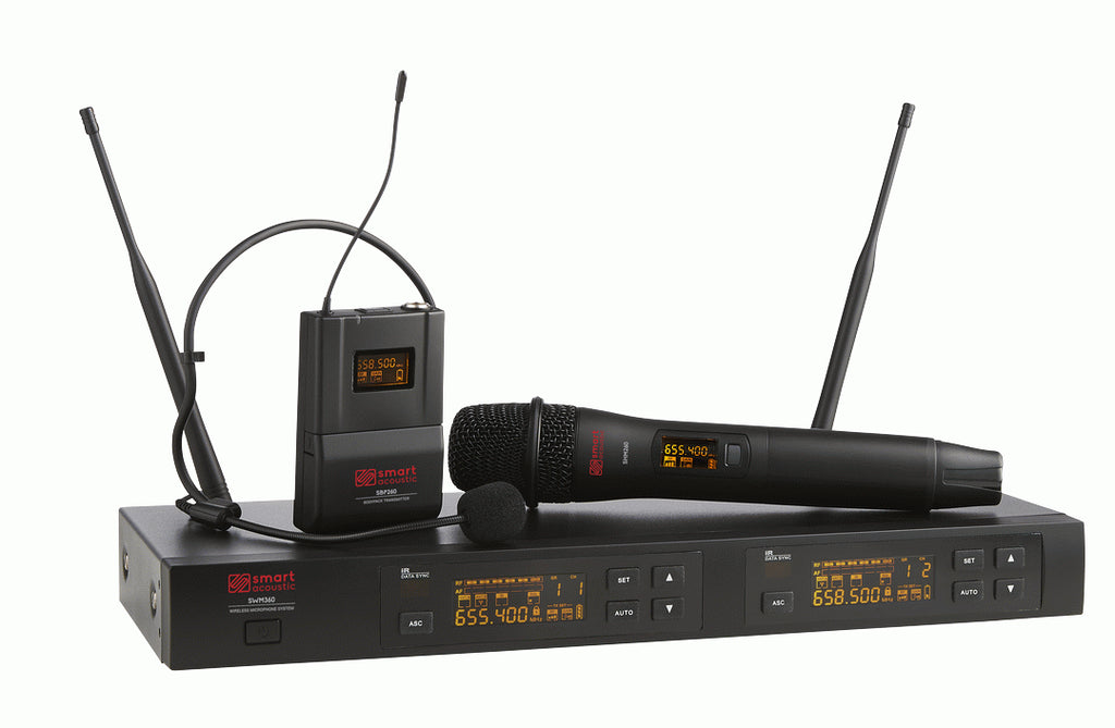 Wireless SMART Acoustic SWM360HTBP microphone with belt pack transmitter, used for professional sound and live performances.