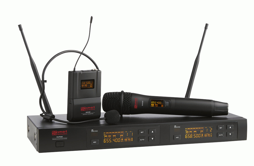 Wireless SMART Acoustic SWM360HTBP microphone and bodypack transmitter, compact professional audio equipment for live sound.