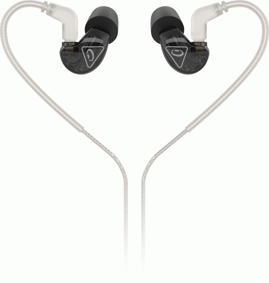 Behringer SD251CK black in-ear monitors with ear tips, designed for clear sound and comfortable fit.