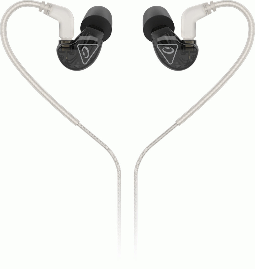 Behringer SD251CK black in-ear monitors with ear tips, designed for clear sound and comfortable fit.