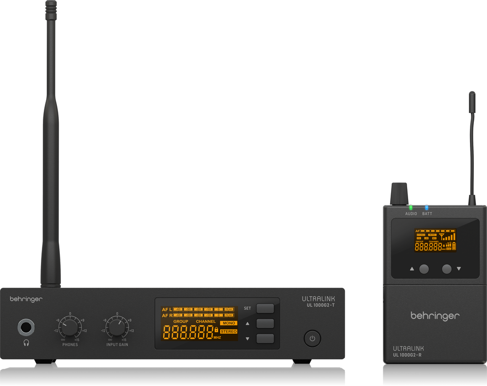 Behringer UL1000G2 UFH wireless in-ear headphones with ear tips and control unit, designed for clear audio and comfortable fit.