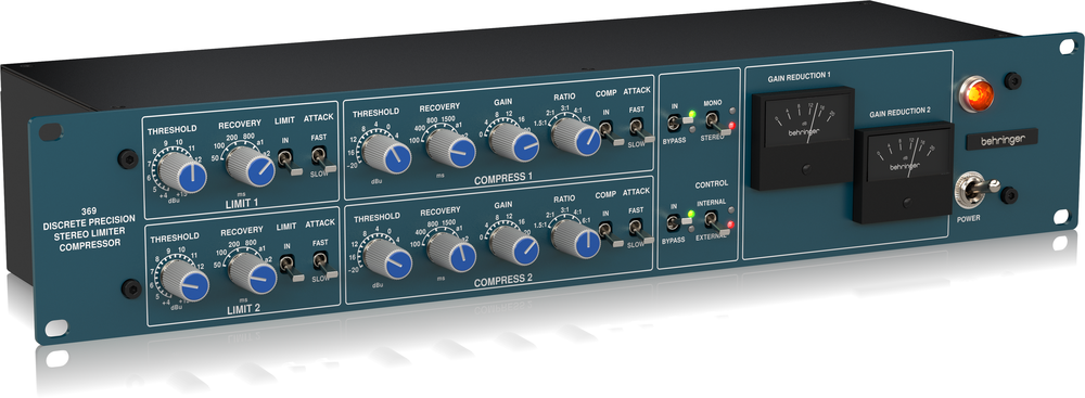 Behringer 369 2-channel stereo compressor and limiter rack gear with control knobs and input/output connections.