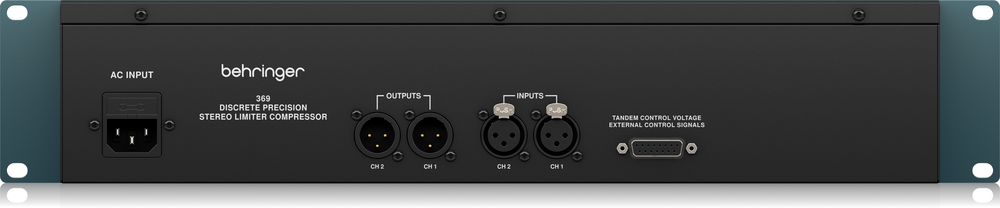 Behringer 369 2-channel stereo compressor and limiter rack gear with control knobs and input/output jacks.