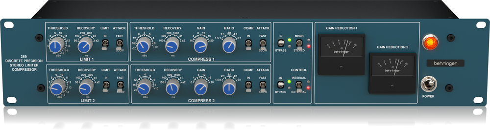 Behringer 369 2-channel stereo compressor and limiter rack gear with control knobs and input/output jacks.