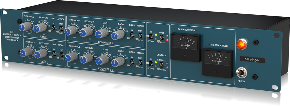 Behringer 369 2-channel stereo compressor and limiter rack gear with knobs and input/output jacks for audio processing.