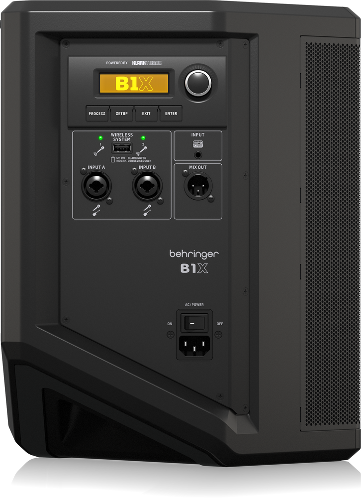 Behringer B1X portable powered speaker with integrated mixer, 200-watt sound system for live music and events.