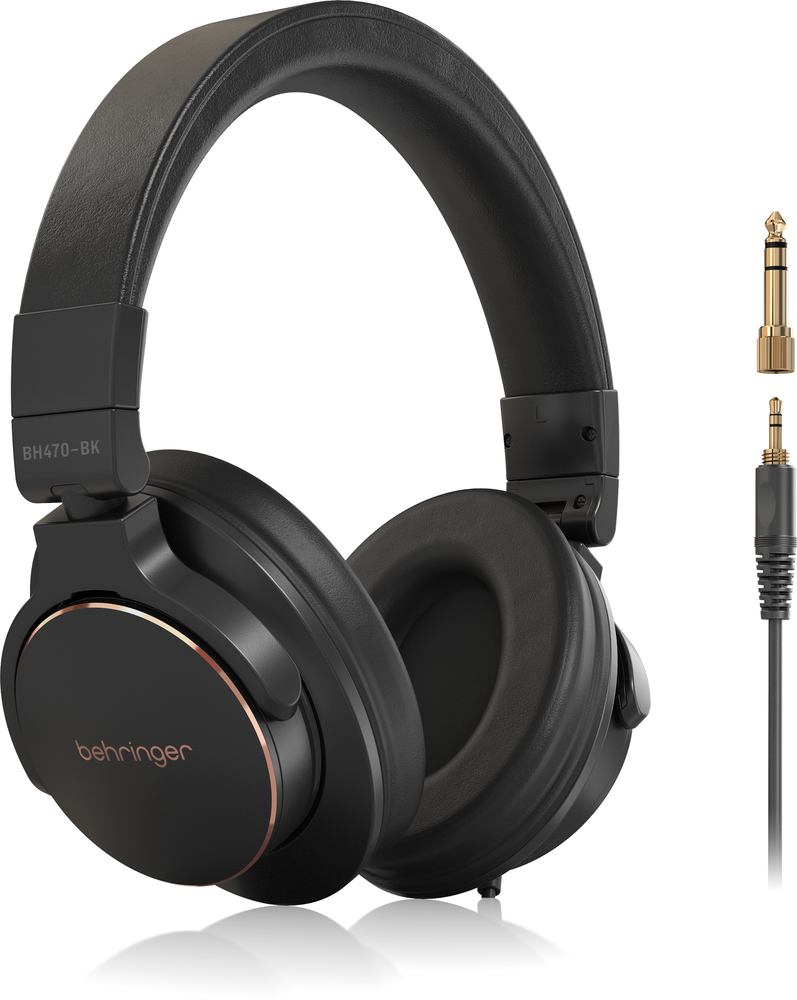 Behringer BH470-BK studio monitoring headphones with over-ear design and adjustable headband, black color, on a plain background.