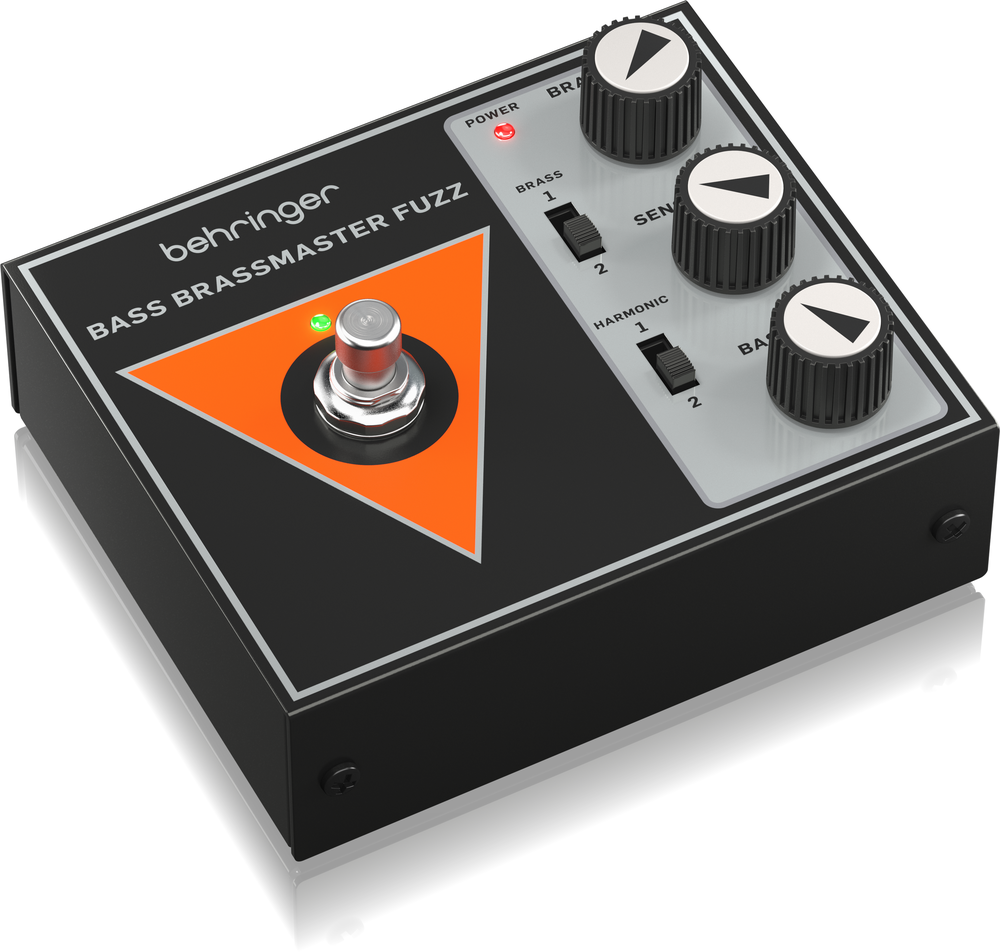 Behringer Bass Brassmaster Fuzz effects pedal with knobs and input/output jacks, designed for electric bass guitar.