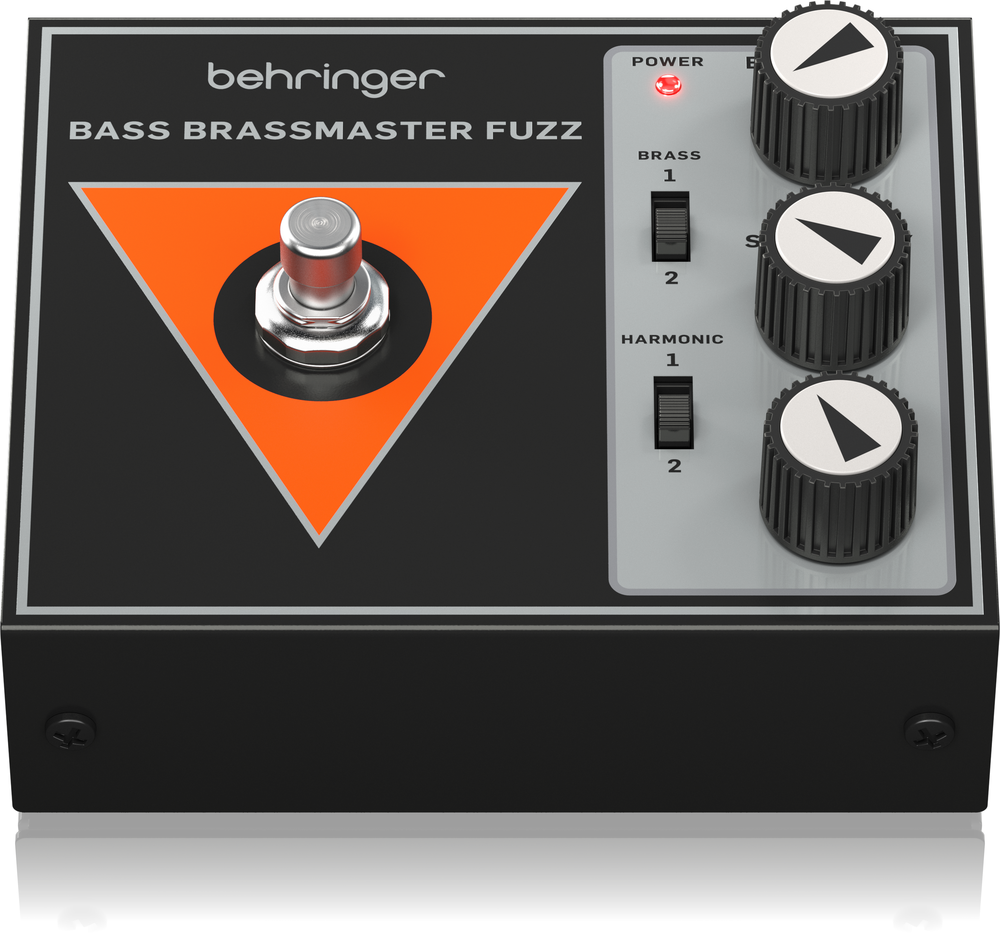 Behringer Bass Brassmaster Fuzz effects pedal with metal enclosure and control knobs for bass guitar sound shaping.