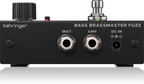 Behringer Bass Brassmaster Fuzz effects pedal with metal casing and control knobs for electric bass guitar sound effects.