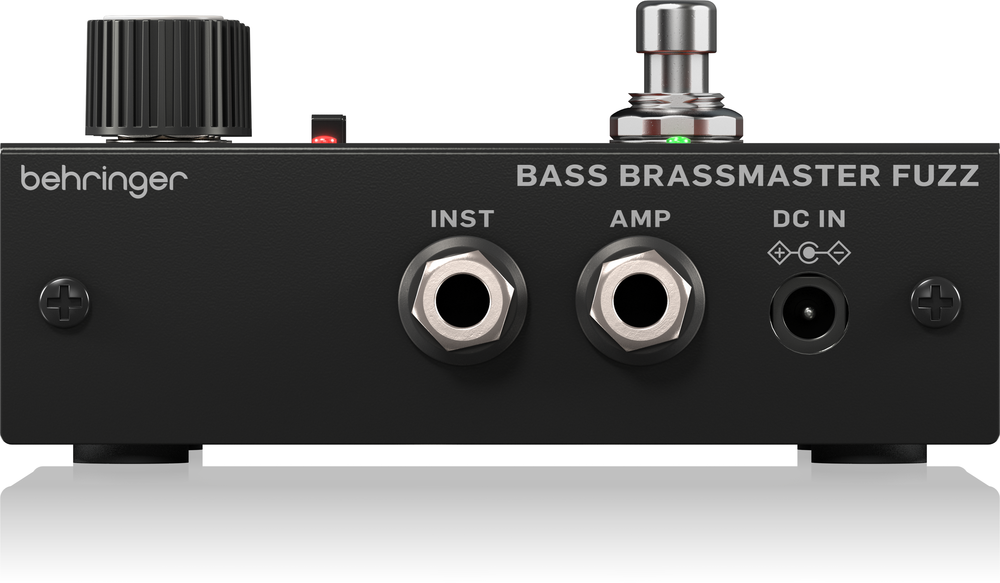 Behringer Bass Brassmaster Fuzz effects pedal with metal casing and control knobs for electric bass guitar sound effects.
