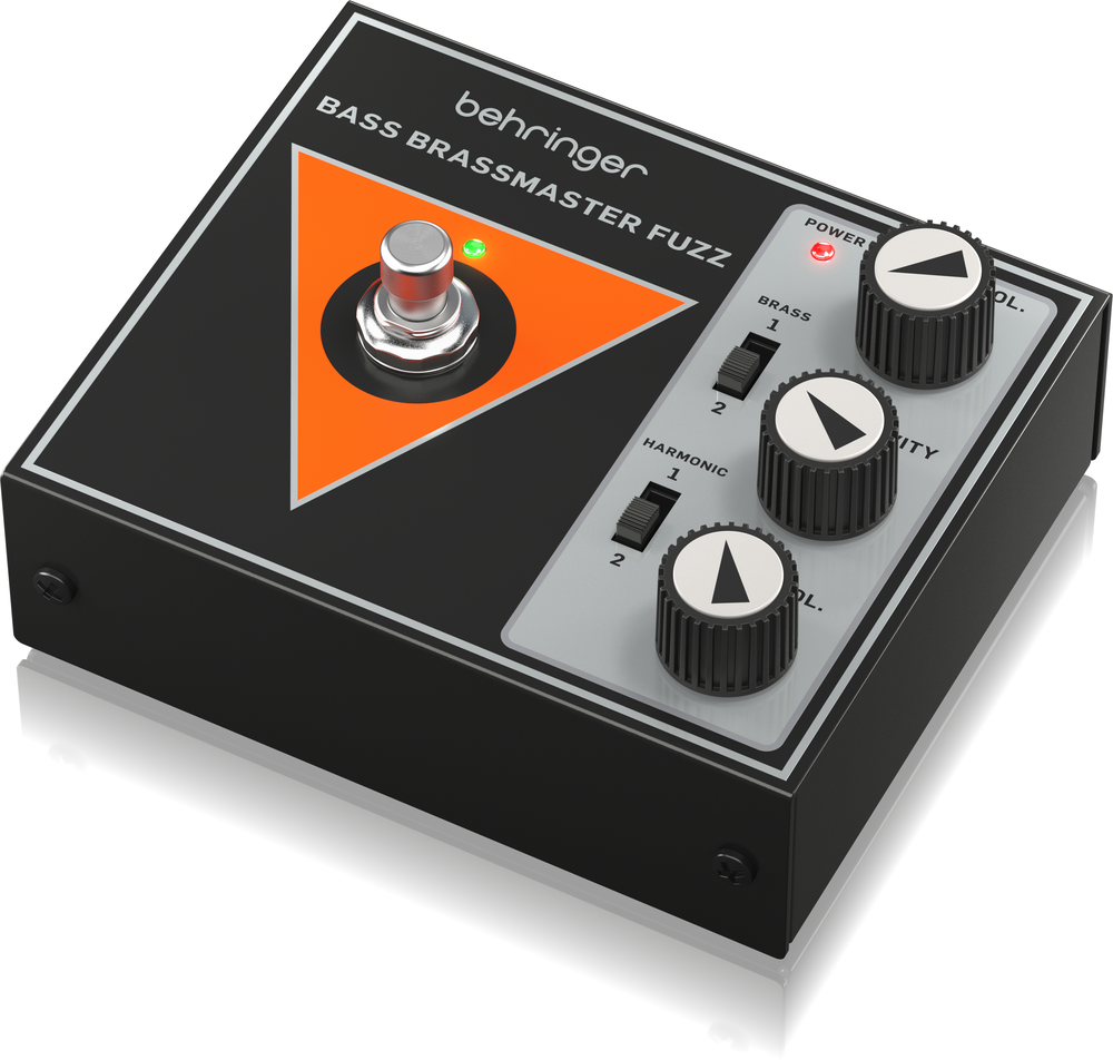 Behringer Bass Brassmaster Fuzz effects pedal with metal casing and control knobs for bass guitar distortion and fuzz effects.