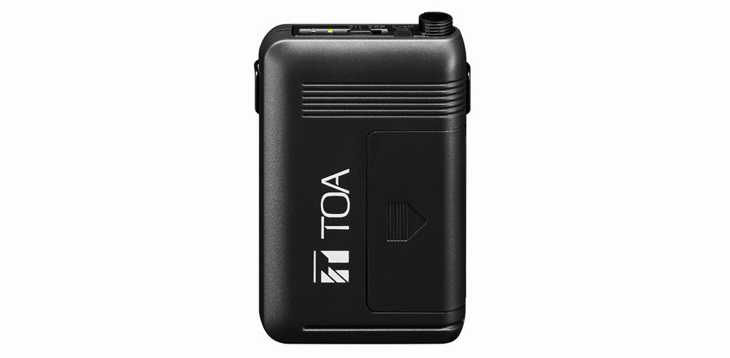 TOA WM-5325 Beltpack wireless microphone with compact design and adjustable clip for professional audio applications.