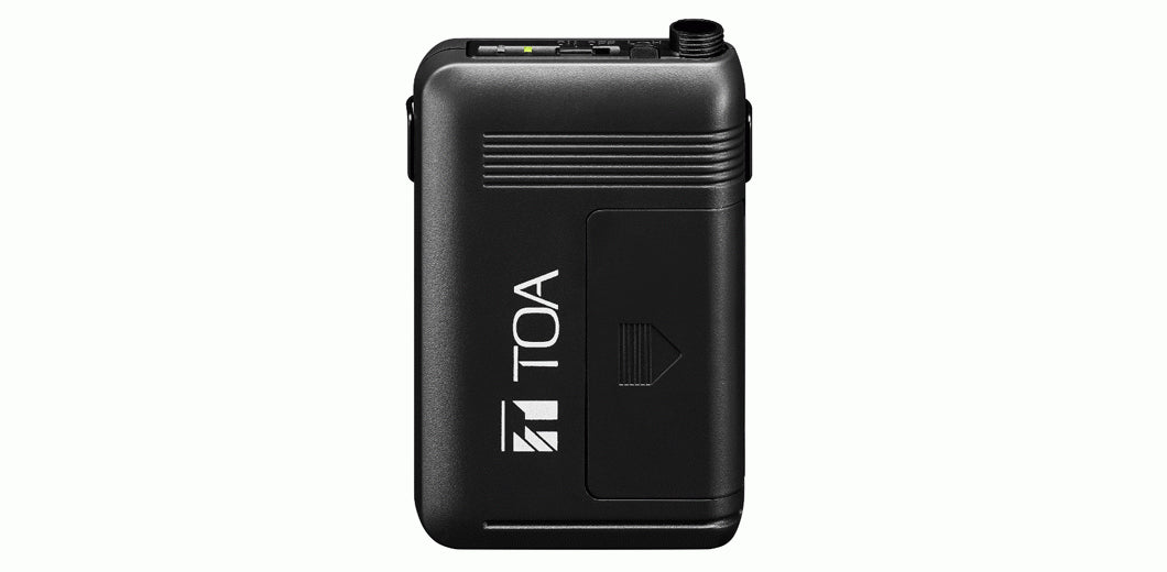 TOA WM-5325 Beltpack wireless microphone with compact design and adjustable clip for professional audio applications.
