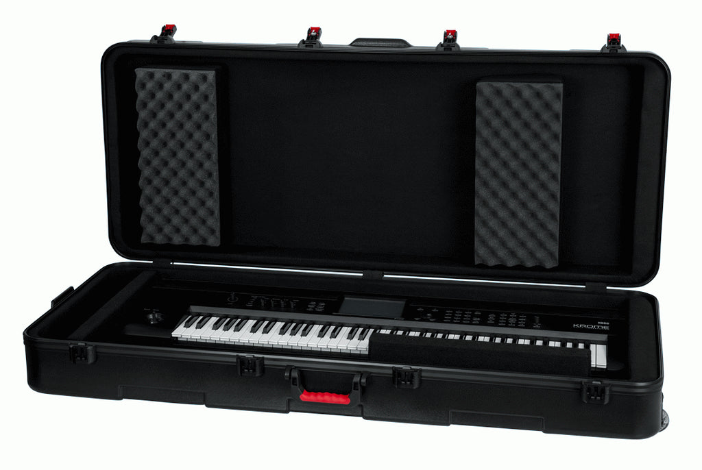 GATOR GTSA-KEY76D molded keyboard case with padded exterior and handle for secure transport of 76-key keyboard.