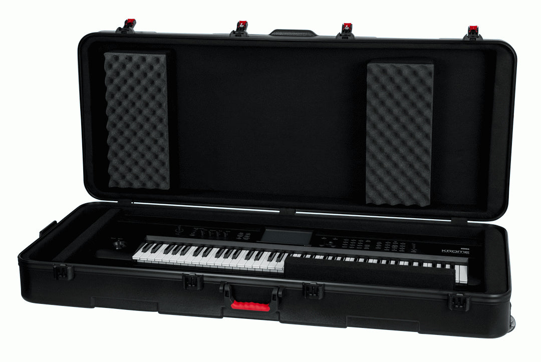 GATOR GTSA-KEY76D molded keyboard case with padded exterior and handle for secure transport of 76-key keyboard.