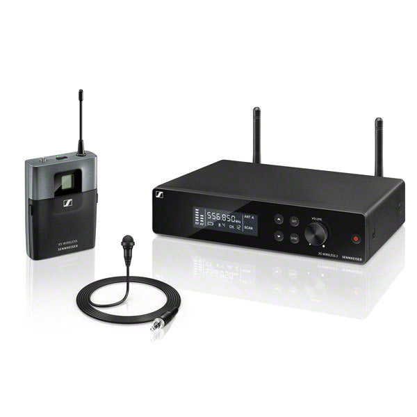 Sennheiser XSW 2-ME2-B wireless microphone lapel system with microphone and transmitter in a compact setup.