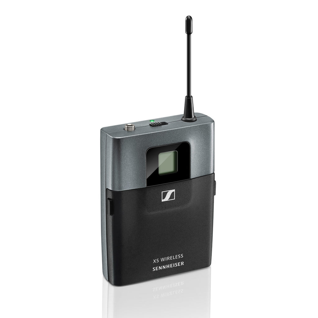 Sennheiser XSW 2-ME2-B wireless microphone lapel system with transmitter and receiver on a table
