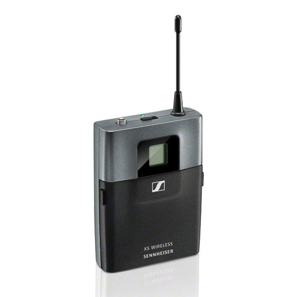 Sennheiser SK-XSW-B wireless bodypack microphone with frequency range 614-638 MHz, shown in a professional setup.