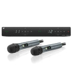 Sennheiser XSW 1 Dual Wireless Microphones with e825 Capsules, showing sleek design and dual handheld transmitters.