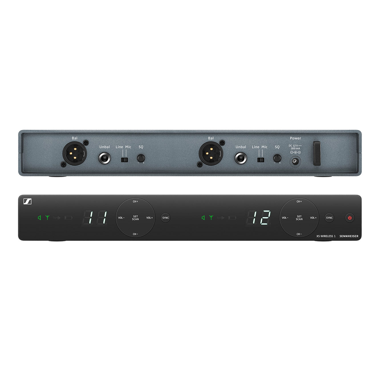 Sennheiser XSW 1 Dual Wireless Microphones set with e825 capsules on a stand, featuring sleek black design.