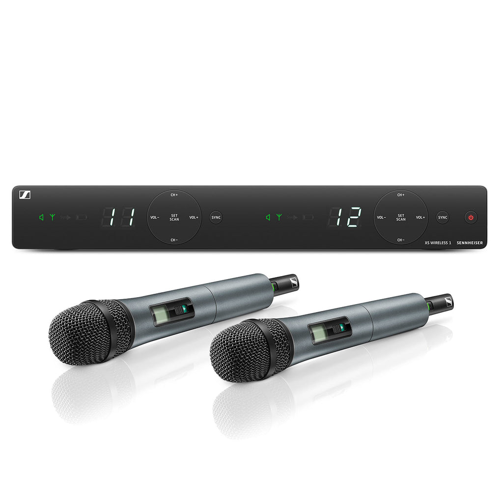 Sennheiser XSW 1 dual wireless vocal microphone set with e835 capsules, featuring handheld microphones and receiver unit