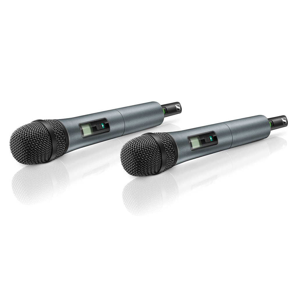 Sennheiser XSW 1 dual wireless vocal microphone set with e835 capsules, frequency range 614-638 MHz, for professional audio.