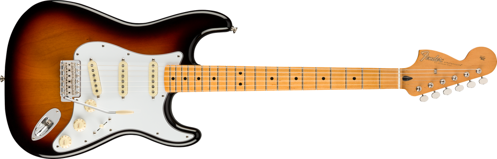 Fender Jimi Hendrix Stratocaster electric guitar with maple fretboard and three-color burst finish, showcasing its iconic design.